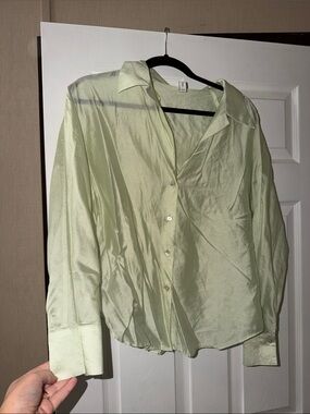 Mango Light Green Satin Button-Up Blouse